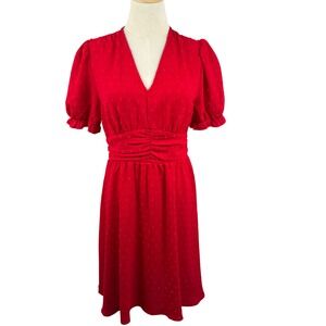 A Line Mini Red Dress Womens M Swiss Dot V-Neck Puff Sleeve Ruched Waist Holiday